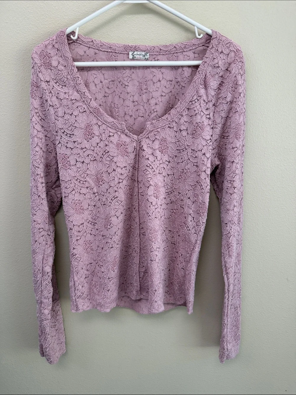 Free People Dusty Rose Floral Lace V-Neck Long Sleeve Top SzL